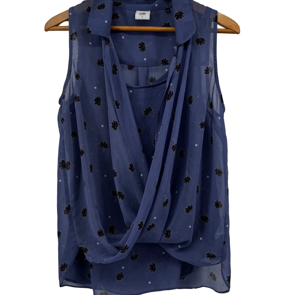 Cabi Blue Purple Floral Polka Dot Draped Wrap Front Blouse & Camisole 2 Set Sz S